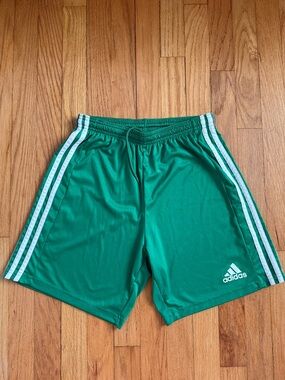 adidas Men’s Green Athletic Shorts with White Side Stripes, size small